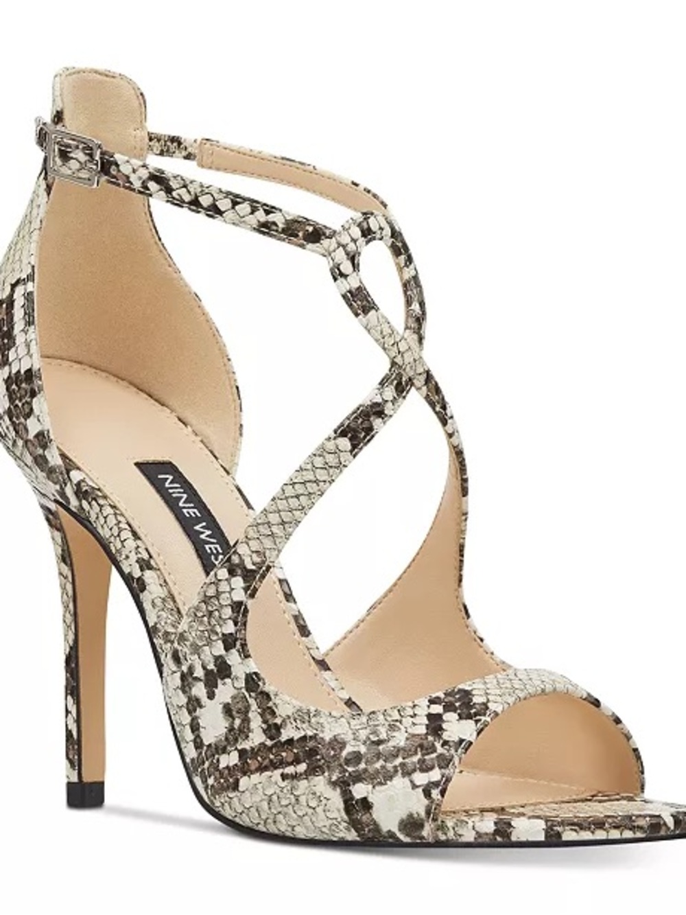 Nine West Snake-Print Strappy High Heel Sandal in Beige/Brown